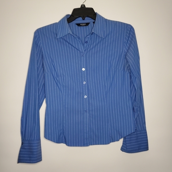 EXPRESS Blue and White PINSTRIPE BUTTON DOWN BLOUSE Women Size 9/10 - Picture 1 of 16